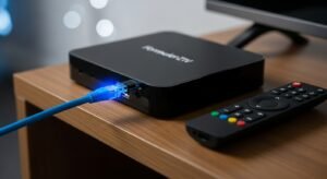Een premium Android TV box met aangesloten ethernetkabel voor stabiele IPTV streaming.