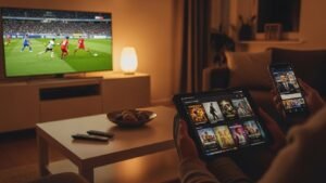 Een persoon in een moderne woonkamer die tegelijkertijd content bekijkt op een smart-tv, een tablet en een smartphone, wat de flexibiliteit en het gemak van IPTV op meerdere apparaten laat zien.