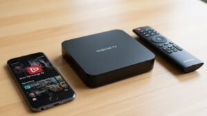 Een Android TV box, afstandsbediening en smartphone op een tafel voor IPTV installatie.