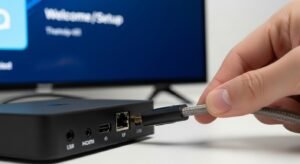 Close-up van een hand die een HDMI-kabel aansluit op een IPTV-boitier, wat de eenvoudige installatie illustreert.
