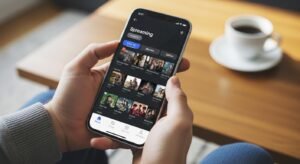 Een gebruiker die een IPTV applicatie bedient op een smartphone voor mobiele streaming.