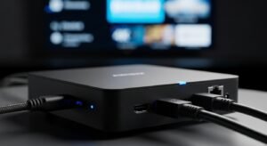 Een close-up van een premium zwarte IPTV boitier aangesloten op een tv, klaar voor gebruik in Charleroi.