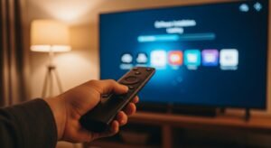Gebruiker navigeert met een afstandsbediening om een iptv streaming app te installeren en configureren op een televisie.
