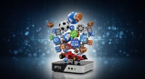 Conceptuele illustratie van een IPTV-box waaruit iconen van sport, films en wereldwijde zenders zweven, wat de enorme keuzevrijheid symboliseert.