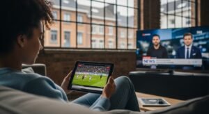 Een jonge vrouw in een appartement in Charleroi kijkt flexibel televisie via IPTV op haar tablet en tv tegelijk.